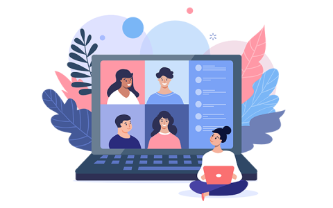 Illustration of online meeting on laptop.